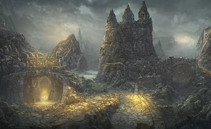 Image similar to an arcane fortress, magical and powerful, stone brick, laced with gold, landscape art, mindblowing, concept art, matte, illustration, ominous, magical, dnd, 4 k uhd, very detailed