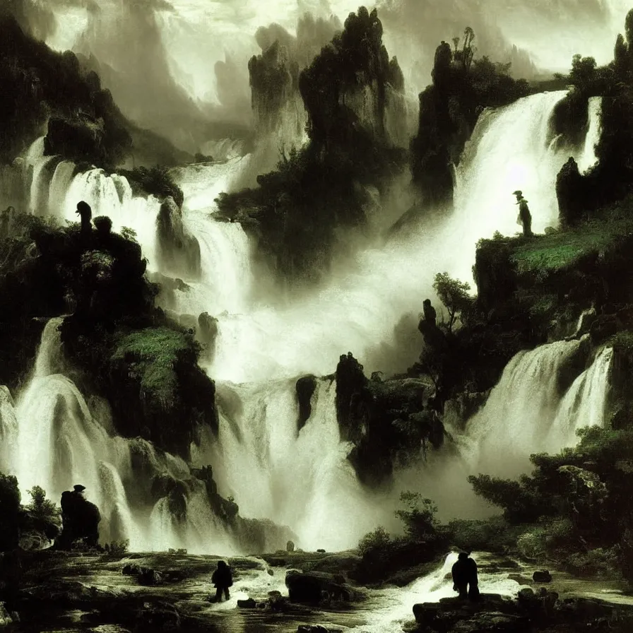 Prompt: artwork about a life of sad loneliness, watching the waterfalls on a stormy rainy day, painted by thomas moran and albert bierstadt. monochrome color scheme.