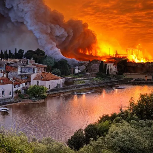 Prompt: burning roman village on steep hill during invasion, burning houses, lake view, old ships, sunset, dramatic, turbulent water