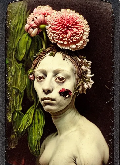 Image similar to beautiful and detailed rotten woman made of plants and many types of stylized flowers like carnation, chrysanthemum, roses and tulips, intricate, surreal, john constable, guy denning, gustave courbet, caravaggio, romero ressendi 1 9 1 0 polaroid photo