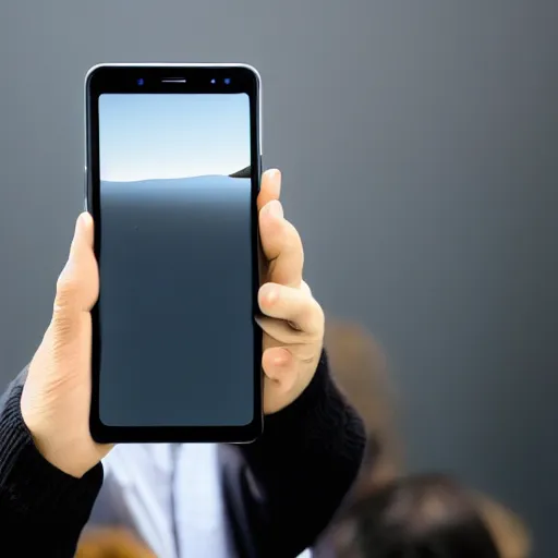 Image similar to steve jobs holding up a samsung phone, xf iq 4, f / 1. 4, iso 2 0 0, 1 / 1 6 0 s, 8 k, raw, unedited, symmetrical balance, in - frame, sharpened