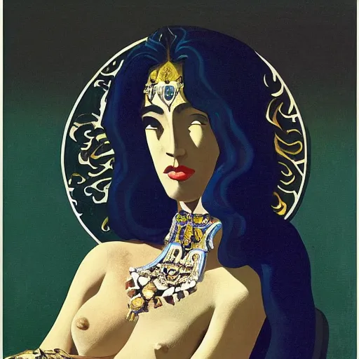 Image similar to an illustration of a fair skin with dark curly stylised hair queen on an ivory throne, by nicholas roerich, by frank frazetta by georgia o keeffe by frederick william elwell, by otomo, by hans emmenegger, by eyvind earle highly detailed, realistic, outline, line work, fantasy, oriental, stylised flat colors, animation