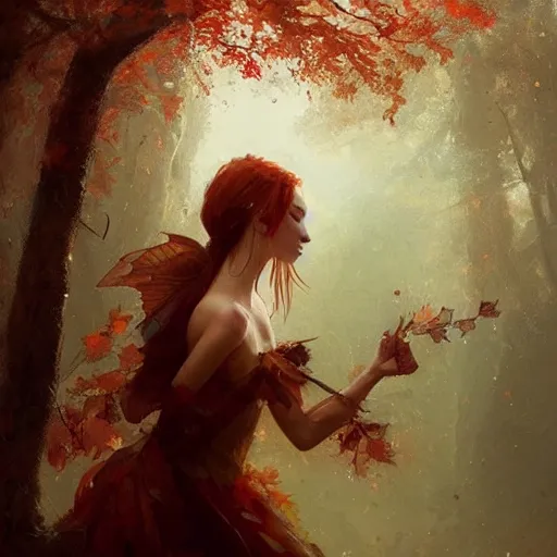 Image similar to portrait of a beautiful autumn fairy by greg rutkowski, fantasy, realism, trending on artstation