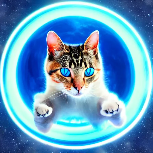 Image similar to A cat with beautiful blue eyes in a space suit jumping over the Saturn planet, digital illustration, concept art, 8k, trending on artstation, highly detailed