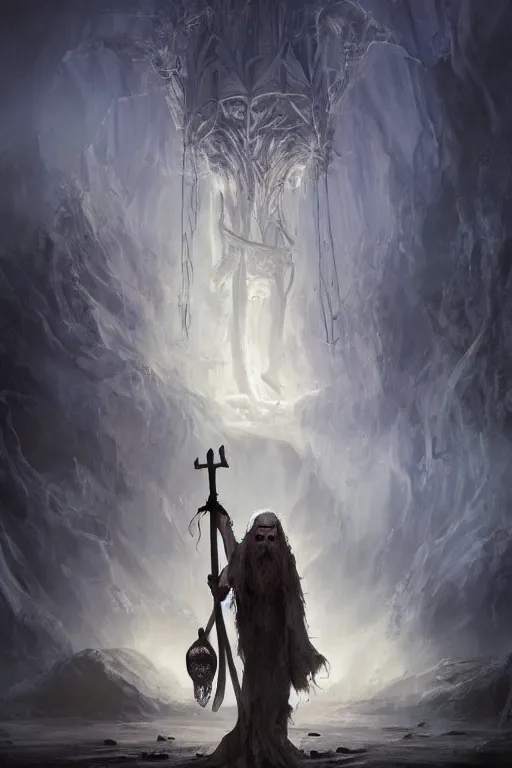 Image similar to a necromancer with a staff casts a spell that reveals the secret of life the universe and everything, dirty linen robes, staff of bones, grizzled bearded withered man by jessica rossier and hr giger