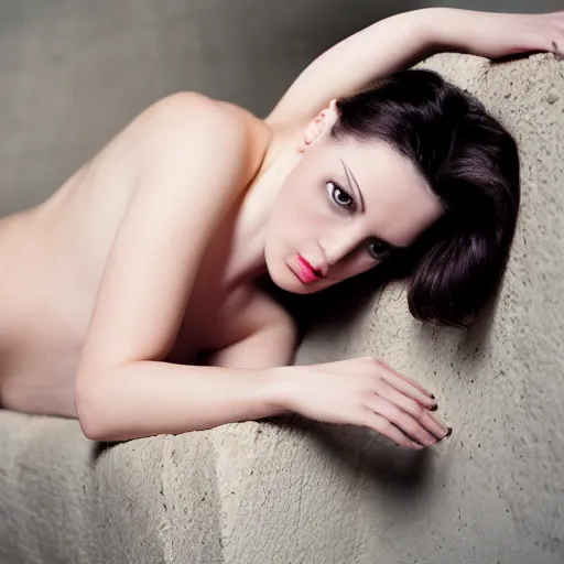 Image similar to Beautiful young pale brunette woman lounging, photoshoot, 30mm, Taken with a Pentax1000, studio lighting