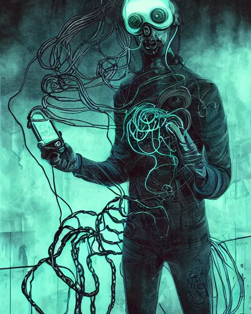 Image similar to eldritch cultist intertwined with technology, paranoia, wires, occult symbols, cyberpunk psychedelia, dark oil vibes, digital art, very detailed, colored, blotch watercolors, clean lines, artstation