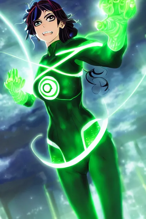 Image similar to anime key visual of a beautiful female green lantern, intricate, glowing accents, powers, glowing ring, speed, goddess, dc comics, cinematic, stunning, highly detailed, digital painting, artstation, smooth, hard focus, illustration, character concepts by senior concept artist