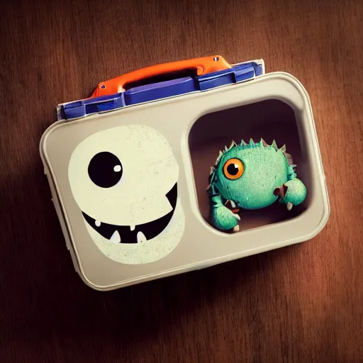 Image similar to cute monster in a lunch box by Greg Rutkowski, product photography, centered, studio lightning