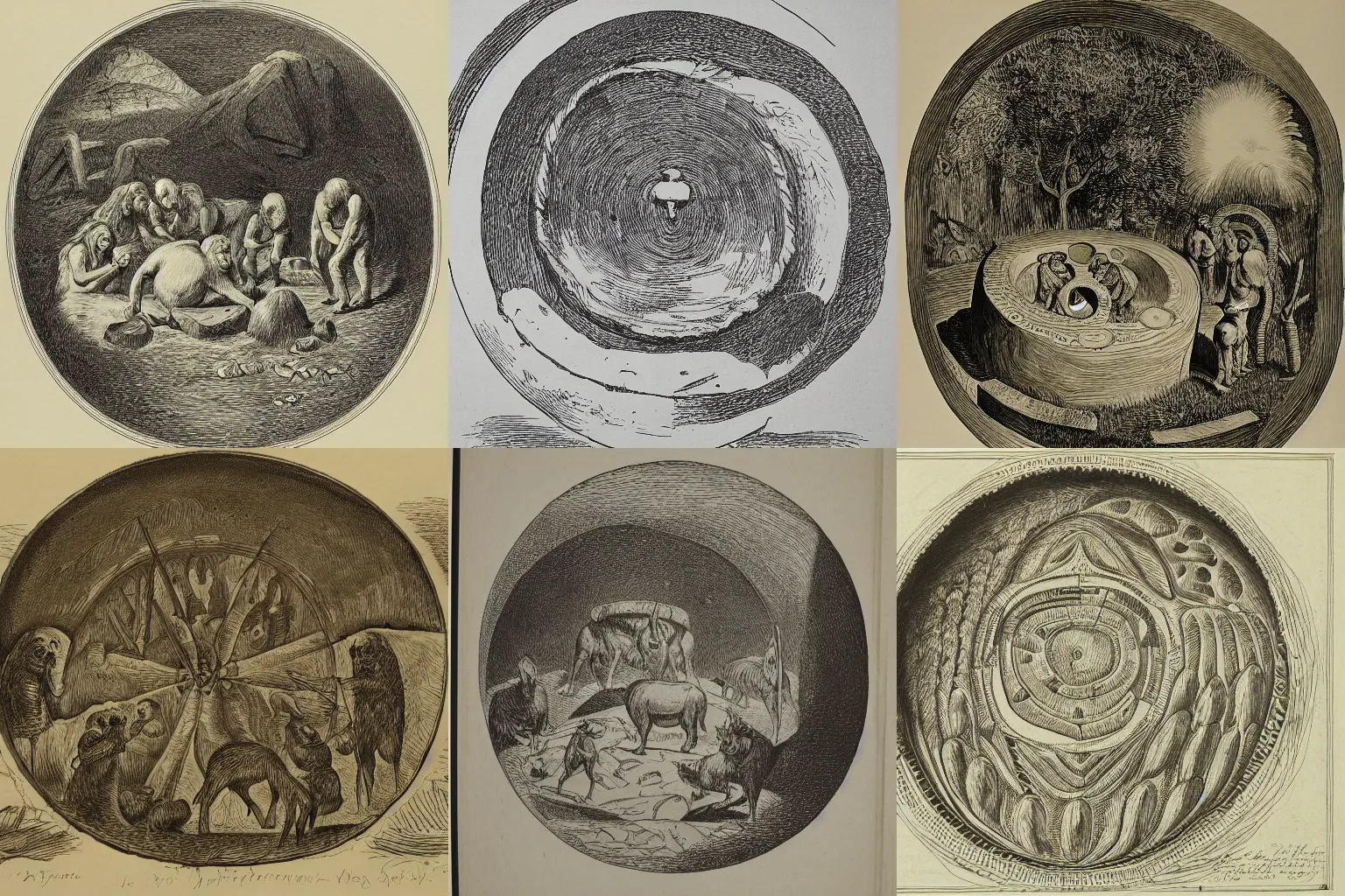 Prompt: a engraving of a circular stone frame carved by patagonian aboriginal peoples, with detailed relief telling stories of animals and selknam, engraving by goya, symetrical