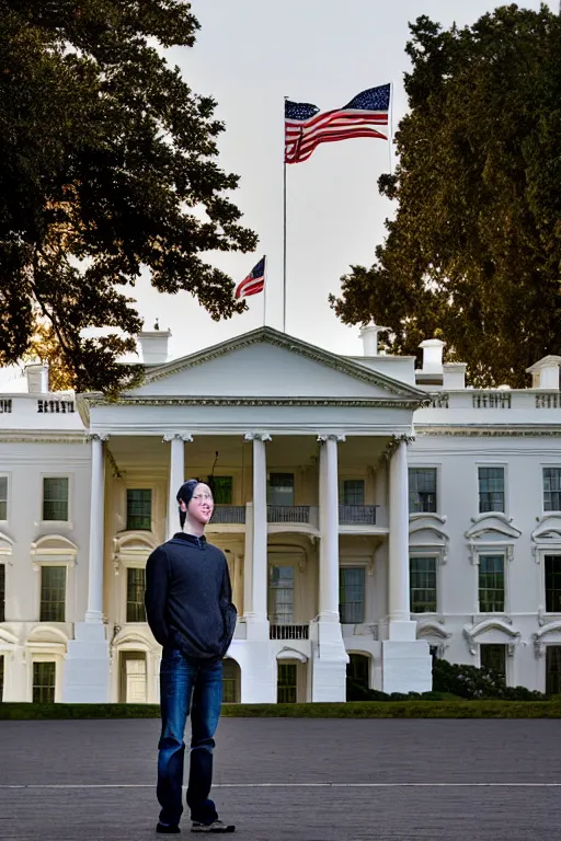 Prompt: A beautiful gold statue of Mark Zuckerberg in front of White House, photo by Steve McCurry, heroic pose, detailed, smooth, smiling, professional photographer