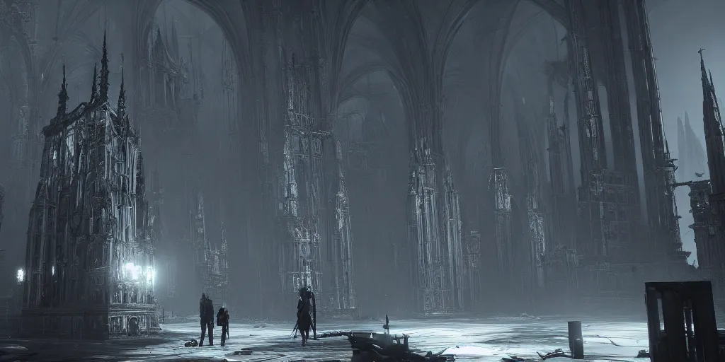 Image similar to grimdark tsutomu nihei aposimz gothic cathedral city, unreal engine, 8 k, ultra realistic, ultra detail