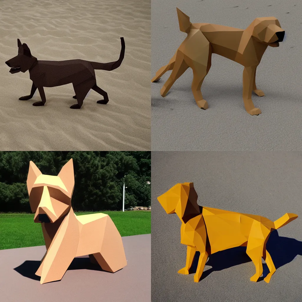 Prompt: low polygon dog made out of sand