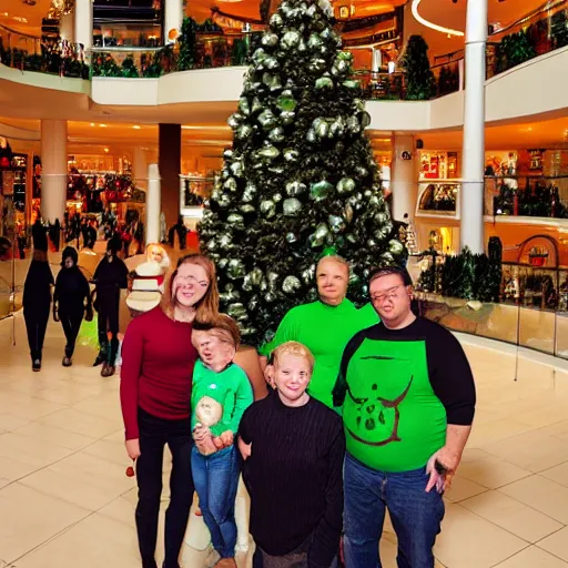 Prompt: yoda family portrait, christmas tree in the background, inside of a mall