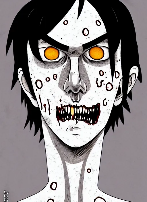 Image similar to junji ito style portrait of zombie teenage jughead jones wearing a light grey crown, photorealistic, zombie, crown, rotting skin, blind eyes, white eyes, crown, black hair, intricate, highly detailed, illustration, art by junji ito