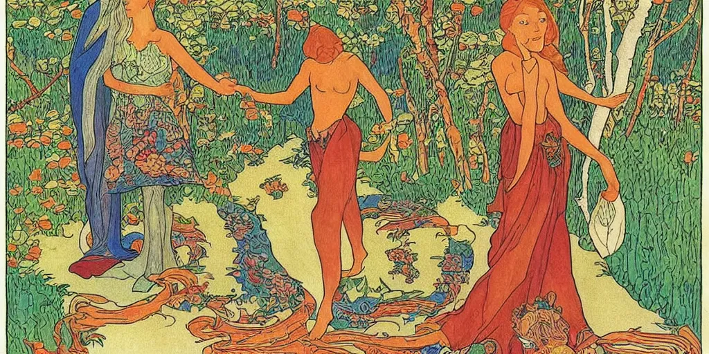 Prompt: a woman who moved to another planet with husband, hot weather, full growth, by Ivan Bilibin, Russian fairytales illustration