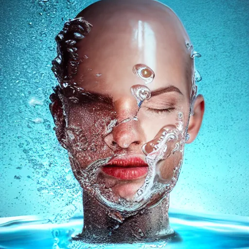 Image similar to a human head in a bottle, water art manipulation, on the ocean water, futuristic, glowing, hyper realistic, ray tracing, realistic water splashes, sharp focus, long shot, 8 k resolution, cinematic, photoshop art