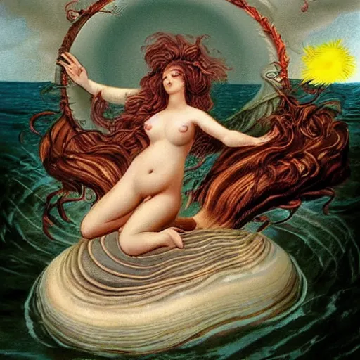 Image similar to The computer art depicts the moment when the goddess Venus is born from the sea. She is shown standing on a giant clam shell, with her long, flowing hair blowing in the wind. The computer art is full of light and color, and Venus looks like she is about to step into a beautiful, bright future. Aaahh!!! Real Monsters, Harry Potter by Raina Telgemeier doom