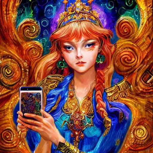 Image similar to a zodiac goddess checking her cell phone by senior concept artist josephine wall, acrylic on canvas, intricately detailed, high resolution trending on artstation