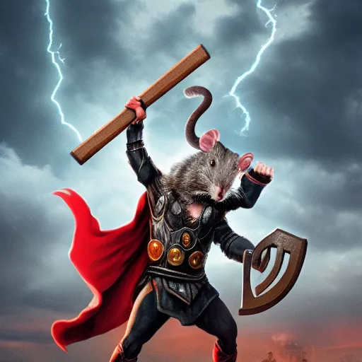 Image similar to the rat thor ~ holding his hammer ~ dramatic thunder background ~ fighting scene ~