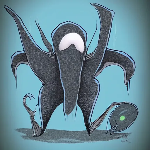 Image similar to design for a stop motion character with a manta ray head and arms attached by the back like a large blanket, alien, mutant, peaceful, art by tim shafer from his work on psychonauts by double fine, in collaboration with tim burton