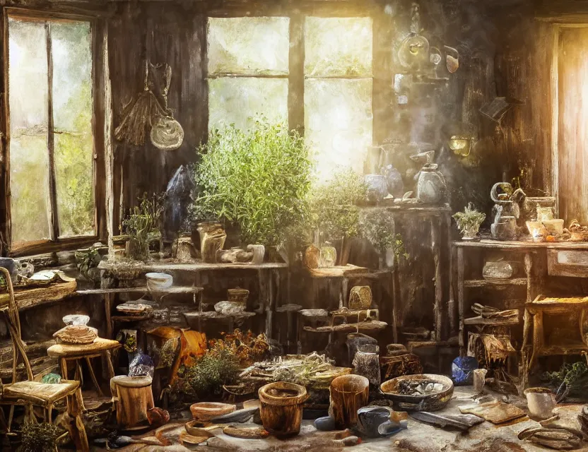 Prompt: expressive rustic oil painting, interior view of a cluttered herbalist cottage, waxy candles, burning herbs hazy, dried herbs, cabinets, wood furnishings, herbs hanging, wood chair, light bloom, dust, ambient occlusion, morning, rays of light coming through windows, dim lighting, brush strokes oil painting