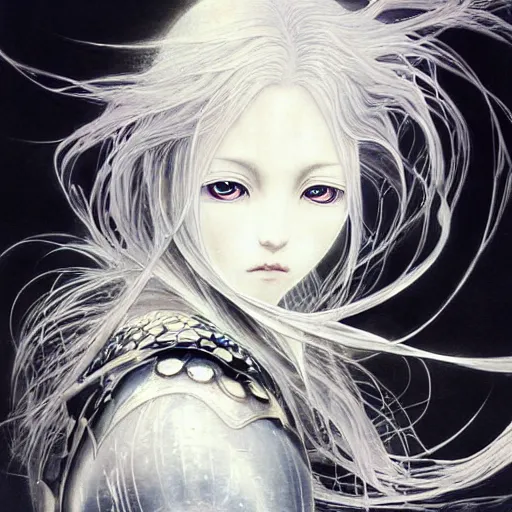 Image similar to yoshitaka amano blurred and dreamy realistic illustration of an anime girl with wavy white hair and cracks on her face wearing elden ring armour with the cape fluttering in the wind, abstract black and white patterns on the background, noisy film grain effect, highly detailed, renaissance oil painting, weird portrait angle