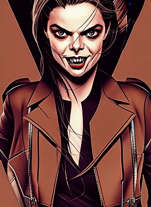 Prompt: in the style of Rafael Albuquerque comicbook cover art, Samara Weaving vampire, sharp teeth grin, perfect Symmetrical face, sarcastic, brown leather jacket