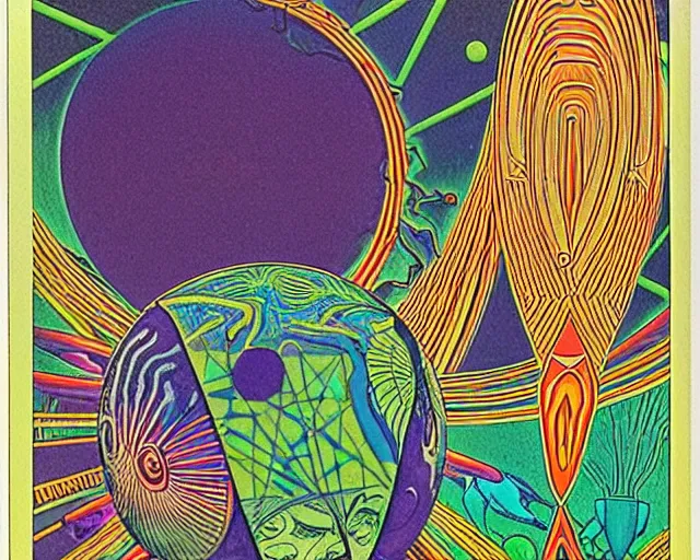 Image similar to 1968 psychedelic, tarot cards, cut out collage, neon Greek, dusk on Jupiter, epic theater, deep jungle texture, aquatic plants, Jugendstil drawings, in part by Alex Grey, part by Moebius, composition William S Boroughs, written by Michael Ende