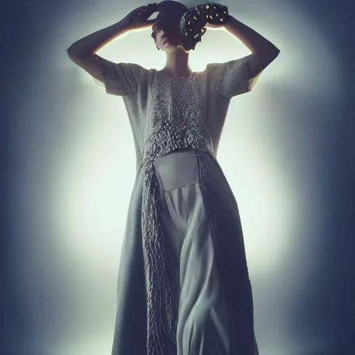 Image similar to Fashion photography of a woman wearing an outfit inspired by The Magicians (2015), artistic photography, cinematic lighting, insanely detailed, cinestill 800t, Vogue magazine