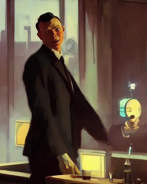 Image similar to young frank sinatra as a poor dystopian dieselpunk soviet bartender. art by greg rutkowski, gustave courbet, rosa bonheur, edward hopper. faithfully depicted facial expression, perfect anatomy, sharp focus, global illumination, radiant light, detailed and intricate environment, trending on artstation