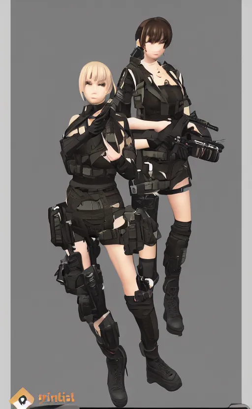 Image similar to the front of a military trading card, high details, high resolution, girls frontline style, blender 3d