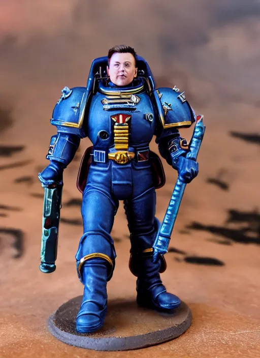 Image similar to 8 0 mm resin detailed miniature of elon musk as a warhammer 4 0 k space marine general, product introduction photos, 4 k, full body,