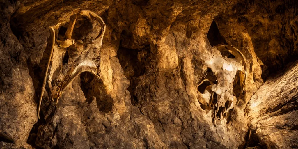 Prompt: A colossal goat skull in a giant cave, dramatic lighting, 8k