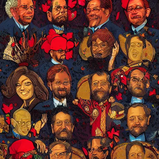 Prompt: a art of the Brazilian president Lula. golden buttons, red lining. dark background. next to red butterflies. digital art by Dan Mumford and Peter Mohrbacher, highly detailed, trending on ArtStationHQ , lula Inácio