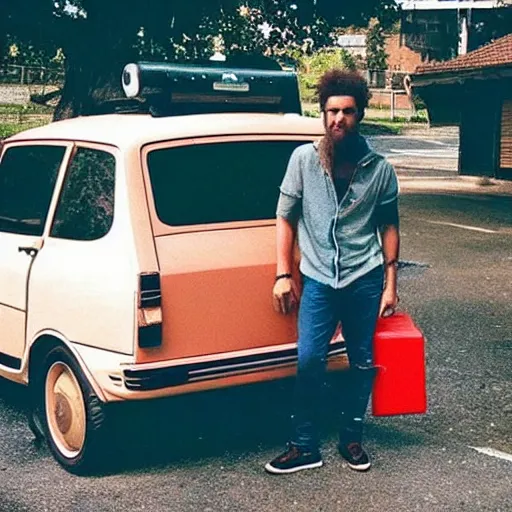 Image similar to aesthetic photo of a guy with curly hair and colored clothes holding a big black speaker in front of a raw of parked Fiat Uno 70s style hippie. Interlaced picture. Instagram post. Vintage.