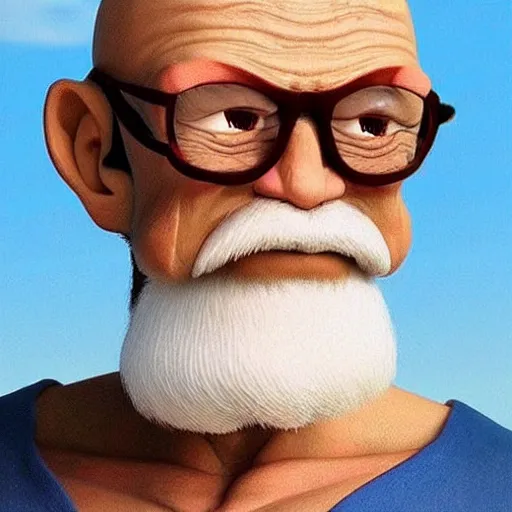 Image similar to a realistic photo of master roshi from dragon ball, as a real human