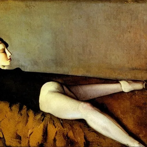 Prompt: painting by Balthus, woman with pale skin and grey eyes, brunette hair, lounging, portrait