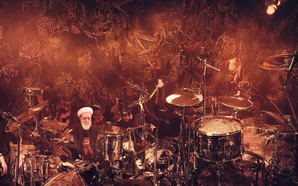 Image similar to khamenei playing drums in heavy metal band in hell hanged bodies in horizon, high definition, trending on artstation, unreal engine, photorealistic, high resolution,, trending on deviantart, hdr, hyper detailed, insane details, intricate, elite, ornate, elegant, luxury, dramatic lighting