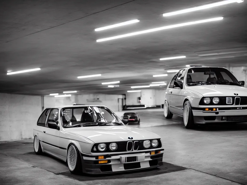 Image similar to a modified bmw e 3 0 with lights on in a futuristic neon parking garage, 3 5 mm photography, car photography, clean lines, realistic