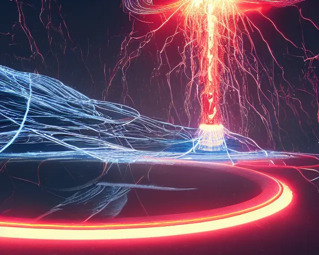 Image similar to tesla coil erupts with electric, epic, by, by, by, intricate, octane render, matte, highly detailed, amazing lighting, smooth, sharp, 8 k