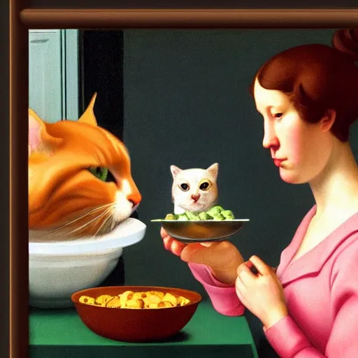 Image similar to a boring woman and her cat sharing a meal by Raphael, Hopper, and Rene Magritte. detailed, romantic, enchanting, trending on artstation.