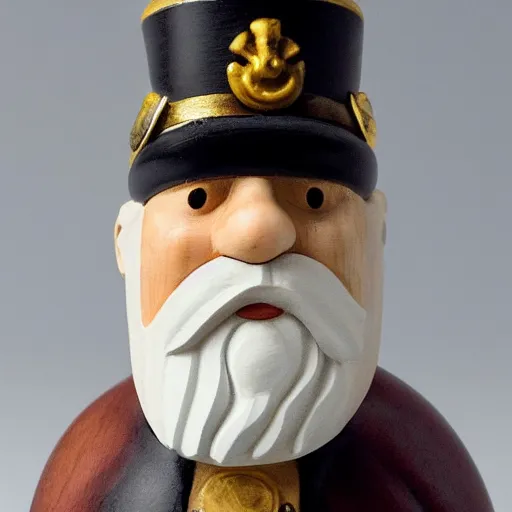 Prompt: a painted wooden figurine of a serious looking, old, ship captain with white hair, white beard, wearing an eyepatch, with a black cigar pipe, a black coat, and white captain's cap with gold accents, standing with one wooded leg, on a cuboidal wooden platform