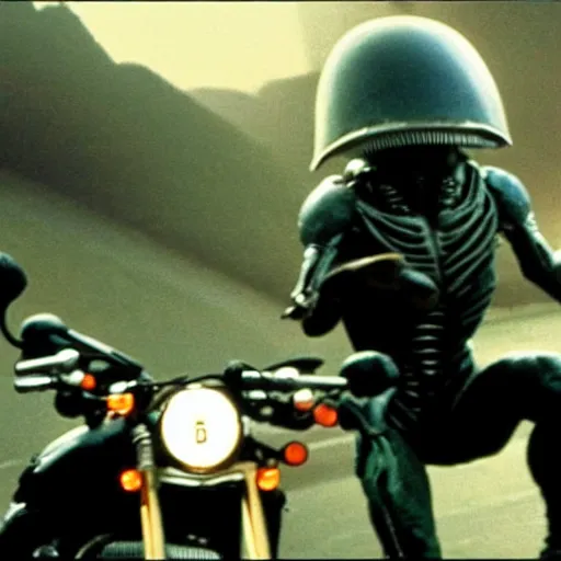 Prompt: xenomorph from aliens ( 1 9 7 9 ) riding a motorcycle