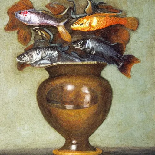 Image similar to a still life of a vase filled with dead fishes, oil painting