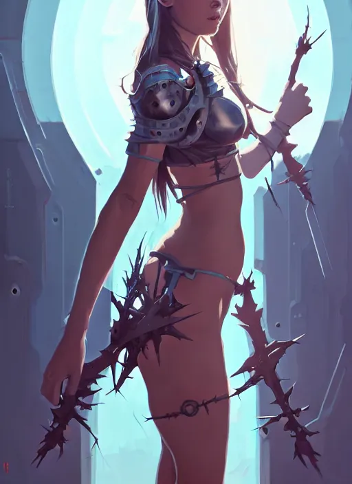 Image similar to portrait of cute maiden girl with crown of thorns in cyber bikini armor, warhammer, cyberpunk, by atey ghailan, by greg rutkowski, by greg tocchini, by james gilleard, by joe fenton, by kaethe butcher, dynamic lighting, gradient light blue, brown, blonde cream and white color in scheme, grunge aesthetic