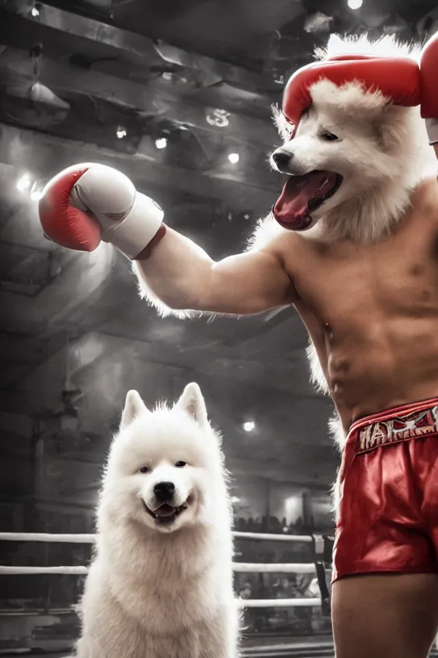 Prompt: samoyed dog head on a human body as a muay thai kickboxer, world championship fight, photorealistic, cinematic lighting, film still