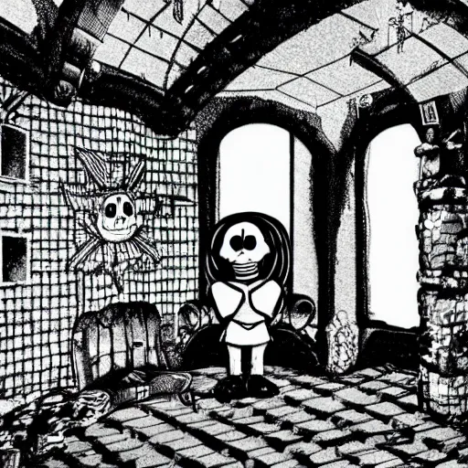 Prompt: sans from Undertale inside of his castle, interior view