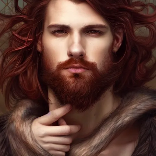 Prompt: portrait of a wolf, male, handsome, masculine, full body, red hair, long hair, soft hair, fantasy, intricate, elegant, highly detailed, suit, coffee shop, digital painting, artstation, concept art, character art, smooth, sharp focus, illustration, art by artgerm and greg rutkowski and alphonse mucha