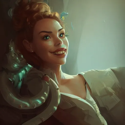 Image similar to an insanely detailed portrait of a smiling beautiful woman looking at you on the couch, in the style of peter mohrbacher, artgerm, dramatic lighting and composition, octane render, trending on artstation, concept art 8 k